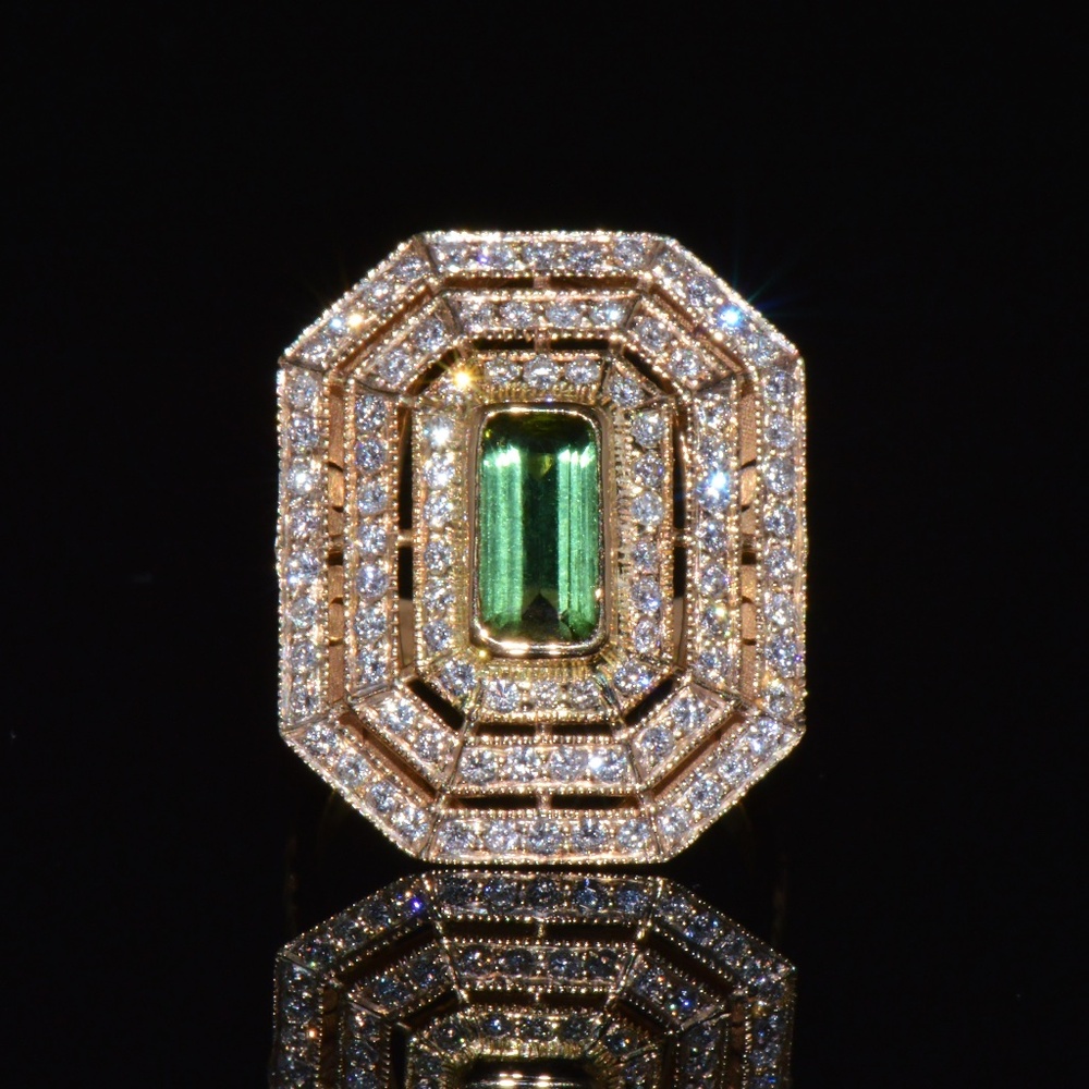 CERTIFIED NATURAL 2.82CTS VS F DIAMOND GREEN TOURMALINE 750 18K SOLID GOLD RING